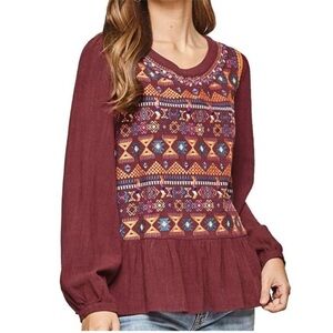 Savanna Jane Peplum Embroidered Boho Peasant Blouse M